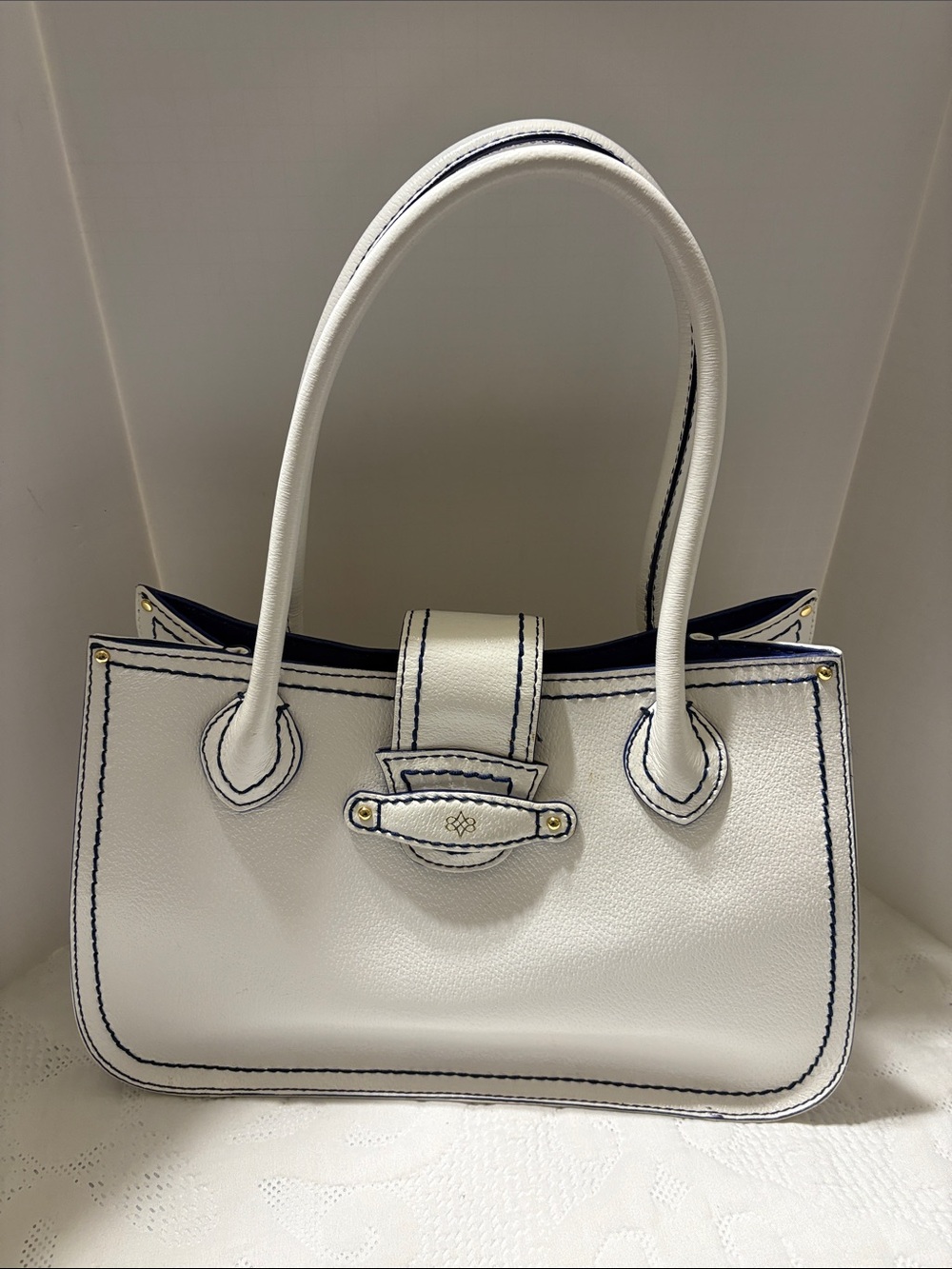 Antonio Melani White Leather Top-Handle Tote Bag with Navy Trim